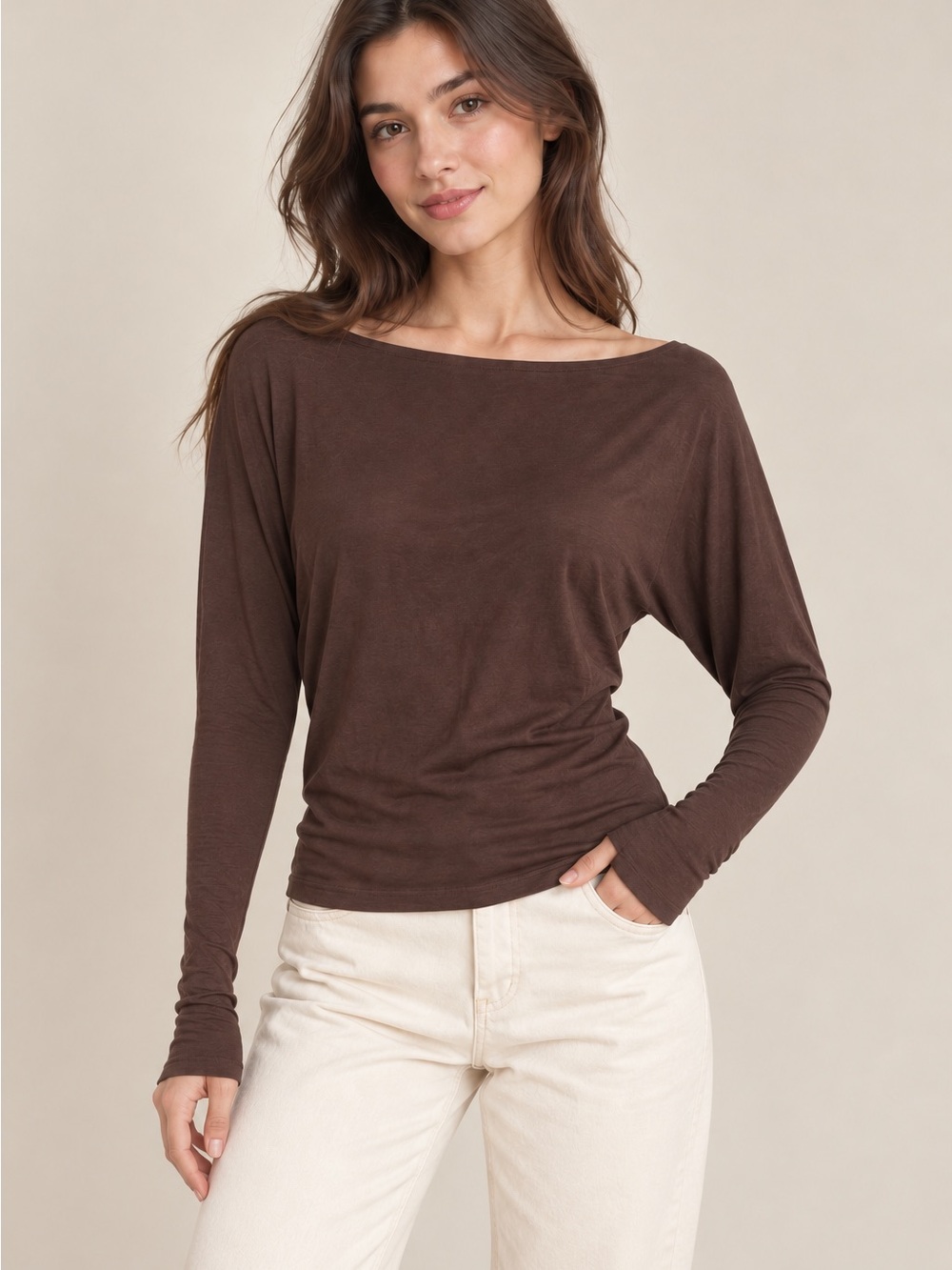 Antistar Chocolate Brown Boat Neck Stretch Top XS NWOT